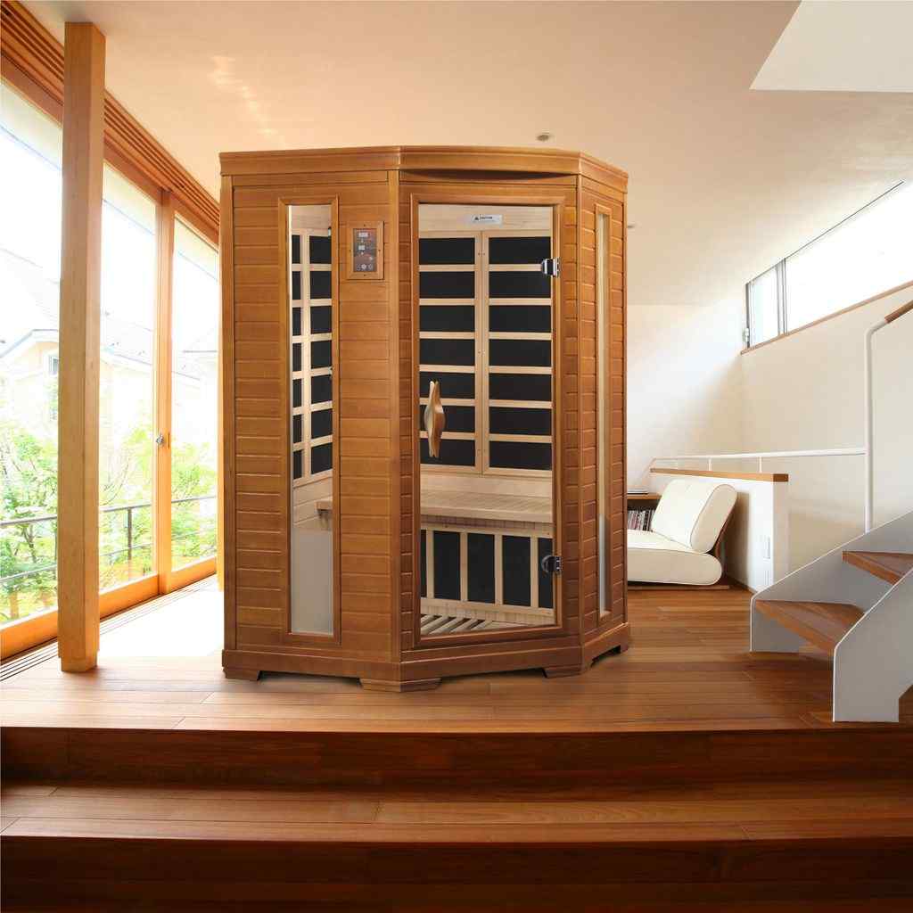 Dynamic "Heming" FAR Infrared Sauna Corner Unit with Hemlock Wood